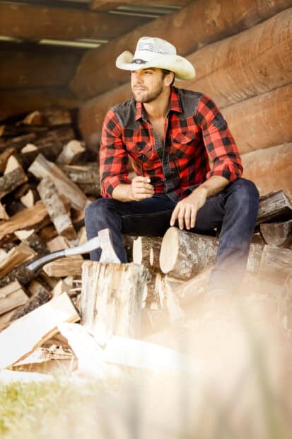 A lumberjack wearing a cowboy hat and plaid shirt rests beside chopped wood and an axe, HD Mobile Wallpaper