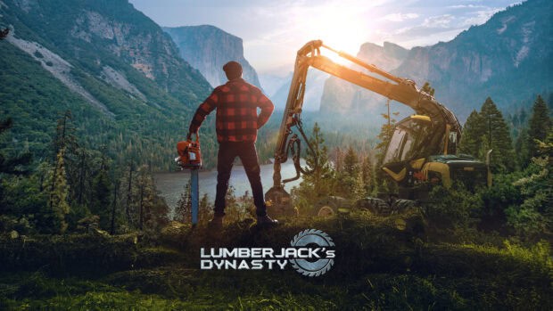 A lumberjack holding a chainsaw overlooking a forest with mountains at sunset, 4K Desktop Wallpaper