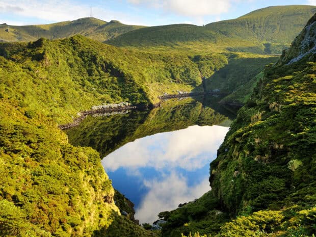 The Azores feature lush green mountains with a clear reflecting lake, HD Desktop Wallpaper