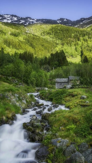 Lush green valley in Norway Norway Wallpapers with flowing stream and wooden cabin near forest HD Phone Wallpaper
