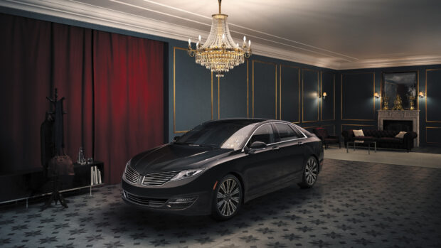 A black Lincoln car is displayed in a stylish vintage room with a chandelier and classic furniture, 4K Desktop Wallpaper