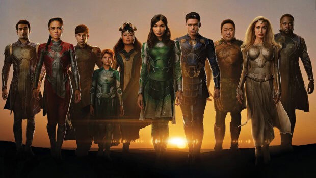 The Eternals cast features Ma Dong Seok and other heroes standing at sunset, HD Desktop Wallpaper