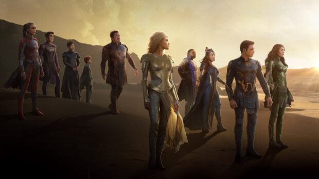 Ma Dong Seok and the Marvel Eternals cast standing on a beach with a golden sunset, HD Desktop Wallpaper
