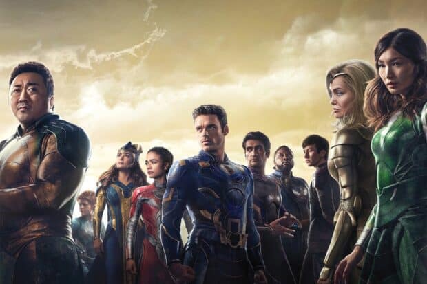 Ma Dong Seok stands with the Eternals heroes under a cloudy golden sky, HD Desktop Wallpaper