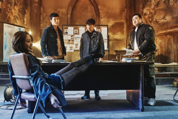 Ma Dong Seok wallpapers showing a group of characters in a tense discussion inside a rustic room, HD Desktop Wallpaper