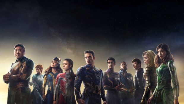 Ma Dong Seok stands with the Eternals heroes under the starry sky, HD Desktop Wallpaper