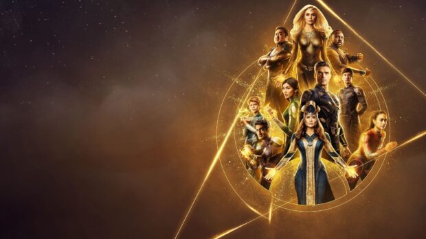 Ma Dong Seok stands with the other Eternals characters in a golden cosmic design, 4K Desktop Wallpaper