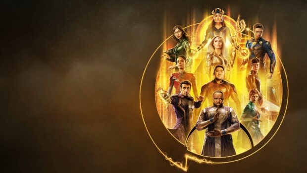 Ma Dong Seok is featured with the Eternals superheroes in a glowing golden composition, 4K Desktop Wallpaper