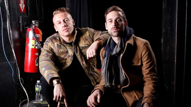 Macklemore Wallpapers showing the musicians sitting together in casual jackets, HD Desktop Wallpaper