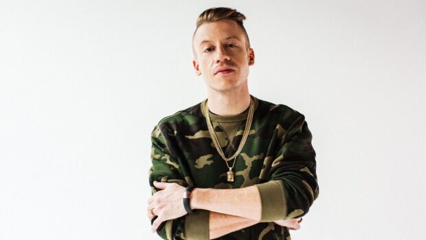 Macklemore is wearing a green camouflage sweater with gold chains, HD Desktop Wallpaper