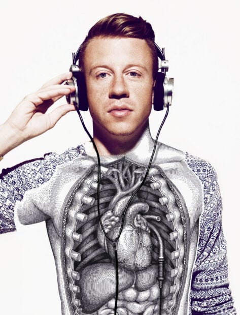 A man listens to music wearing headphones and a shirt with a detailed anatomical heart design, 2K Portrait Mobile Wallpaper