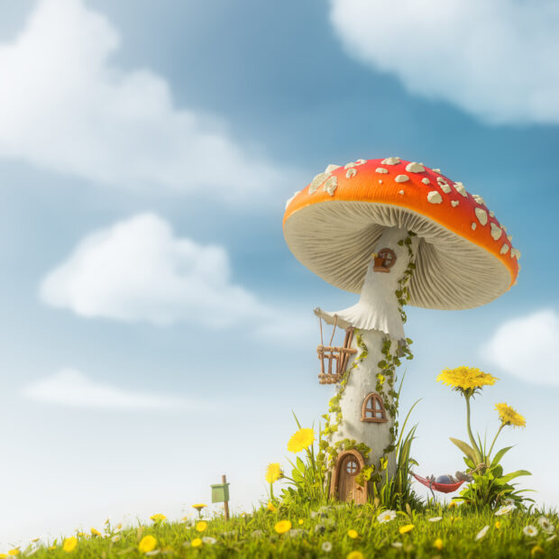 A red Amanita mushroom transformed into a charming house surrounded by flowers, HD Desktop Wallpaper