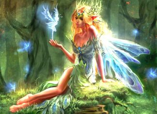 A magical faerie with glowing wings is sitting in the forest surrounded by small glowing faeries, HD Desktop Wallpaper