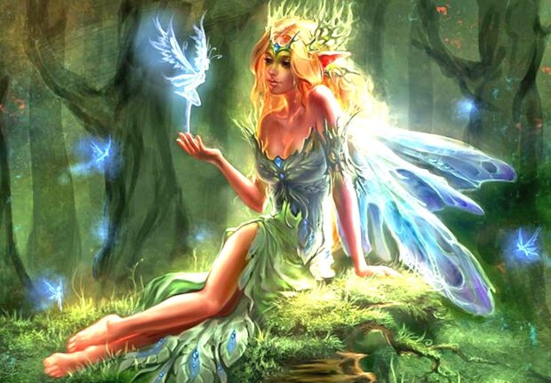 A magical faerie with glowing wings is sitting in the forest surrounded by small glowing faeries, HD Desktop Wallpaper