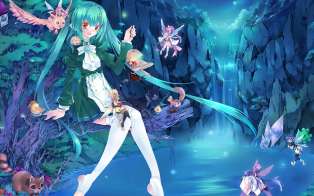 A group of faeries gather near a waterfall surrounded by enchanted creatures, 2K Desktop Wallpaper