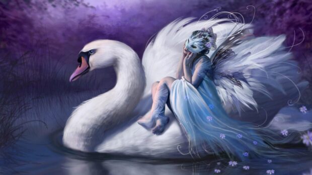 A serene fairy in a delicate mask sits on a large swan surrounded by purple flowers, HD Desktop Wallpaper