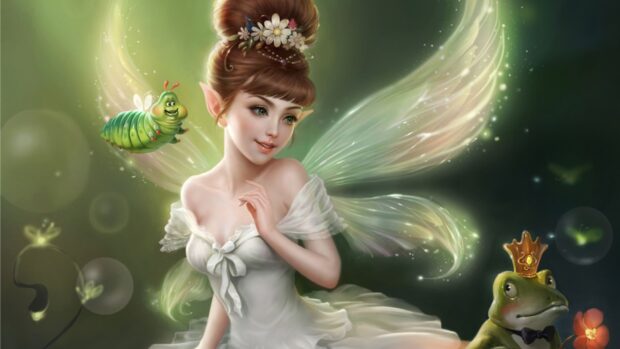 A magical fairy with glowing wings is accompanied by a smiling caterpillar and a crowned frog, HD Desktop Wallpaper