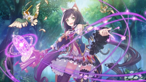 A girl from Princess Connect Re Dive anime is casting magical spells in a lush forest, HD Desktop Wallpaper