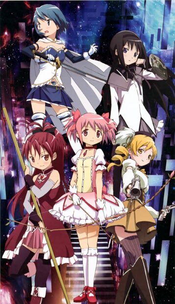 The magical girls display their powers in a cosmic setting featuring Kyoko Sakura, 2K Mobile Wallpaper