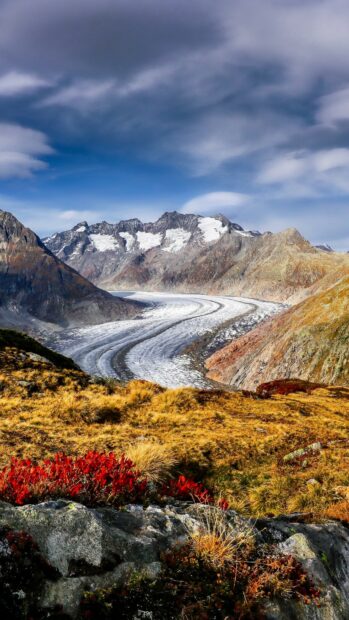 A majestic glacier spreads through the mountain valley under a cloudy sky, featuring autumnal vegetation, Glacier Wallpapers, 4K Mobile Wallpaper