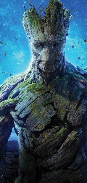 A detailed Groot is standing against a starry cosmic background, HD Phone Wallpaper