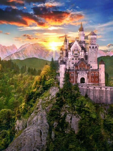 The majestic Neuschwanstein Castle stands on a rocky hill surrounded by forest under a colorful sunset sky, HD Mobile Wallpaper