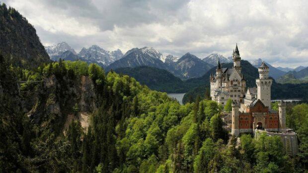 Neuschwanstein Castle stands beautifully among green forests and snowy mountains, HD Desktop Wallpaper