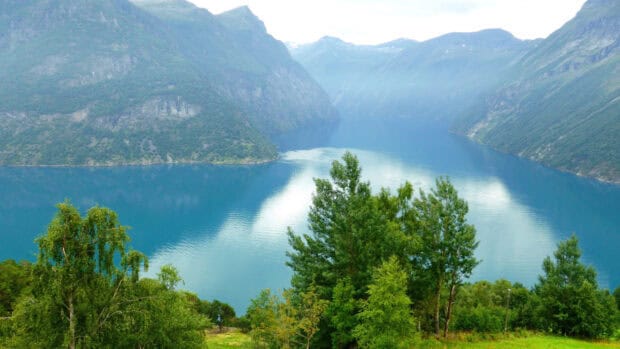 A serene view of Norwegian fjords surrounded by lush green trees and calm blue waters, 2K Desktop Wallpaper