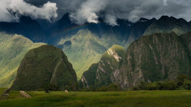 A green mountain valley under dramatic clouds and a rainbow in Peru wallpapers, HD Desktop Wallpaper