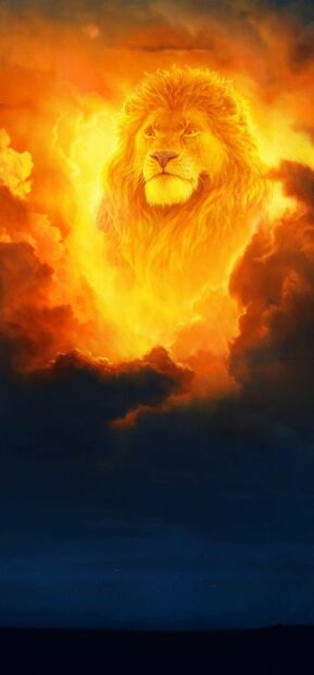 A majestic lion glowing in a fiery sky with vibrant orange clouds, HD Mobile Wallpaper