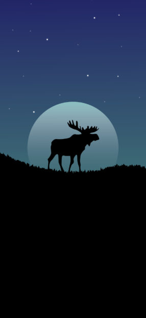A moose silhouette is standing in front of a large moon under a starry night sky, 2K Mobile Wallpaper