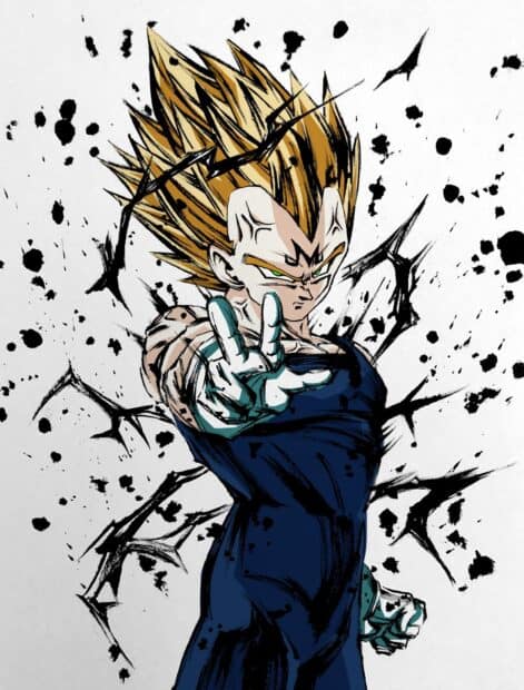 Majin Vegeta wallpapers showing a fierce pose with glowing green eyes and cracked background, HD Mobile Wallpaper