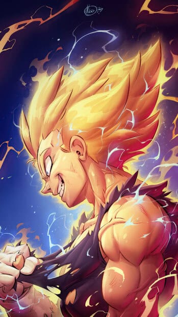 Majin Vegeta is shown with glowing golden hair and fierce expression, 4K Mobile Wallpaper