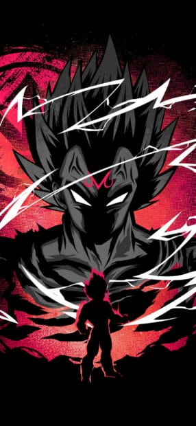 A powerful Majin Vegeta is shown with glowing eyes and electric aura, 2K Phone Wallpaper