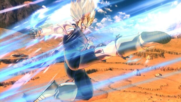 Majin Vegeta is depicted in an intense fight scene with dynamic energy effects, 4K Desktop Wallpaper