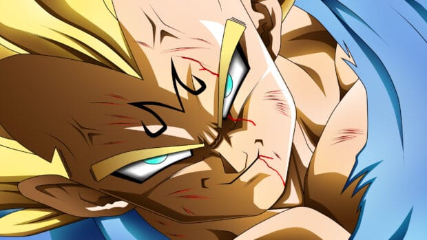 Majin Vegeta shows a determined expression with scars and battle marks on his face, 2K Desktop Wallpaper
