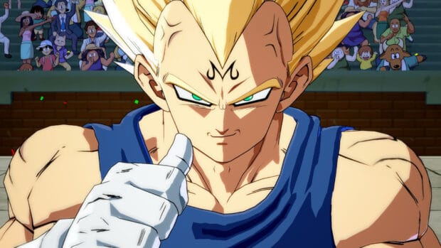 Majin Vegeta Wallpapers shows a close up of Vegeta with an intense expression and blue eyes, HD Desktop Wallpaper