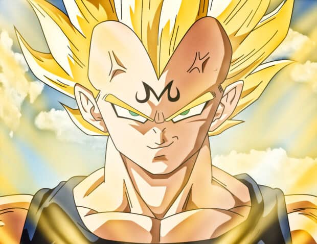 Majin Vegeta is shown with glowing yellow hair and a confident expression under a bright sky, HD Desktop Wallpaper