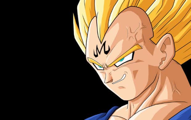 Majin Vegeta shows a confident expression with glowing eyes and golden hair, 2K Desktop Wallpaper