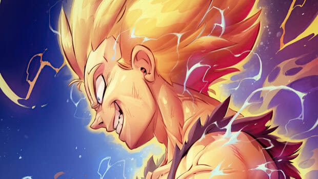 Majin Vegeta displays an intense power boost surrounded by energy, 4K Desktop Wallpaper