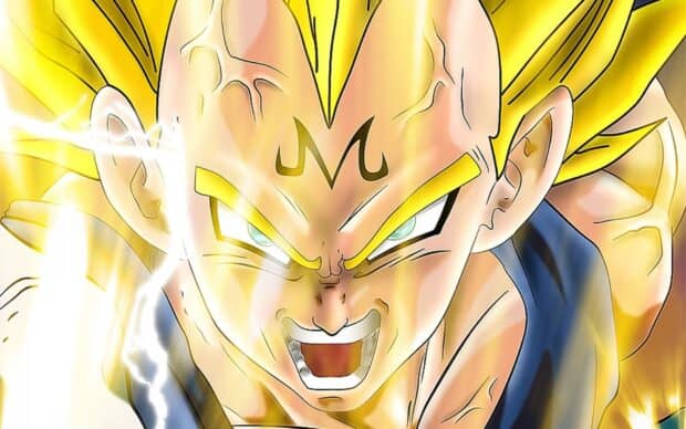 Majin Vegeta is shown unleashing his intense power surge with a blazing golden aura, 2K Desktop Wallpaper