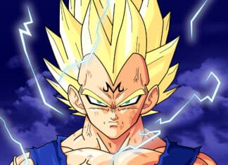 Majin Vegeta displays a fierce expression surrounded by blue lightning, HD Desktop Wallpaper