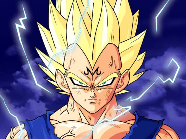 Majin Vegeta displays a fierce expression surrounded by blue lightning, HD Desktop Wallpaper