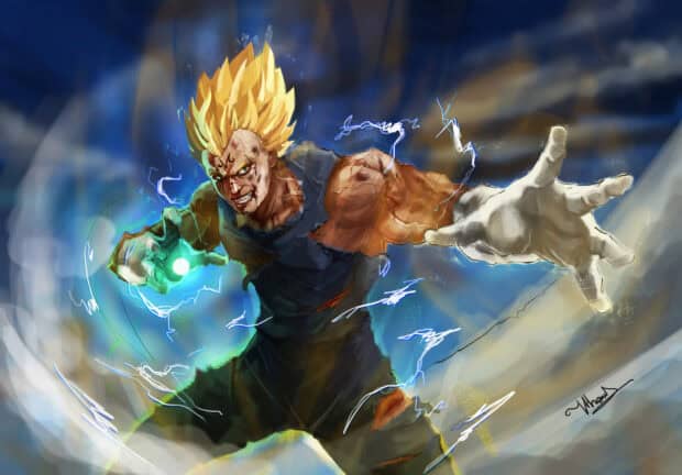 Majin Vegeta is shown charging an energy blast with intense focus and glowing aura, HD Desktop Wallpaper