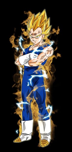Majin Vegeta stands with glowing aura and electric sparks around him, 2K Phone Wallpaper