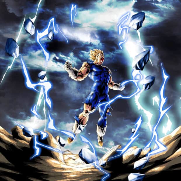 Majin Vegeta unleashes a powerful electric aura in a rocky landscape, HD Mobile Wallpaper