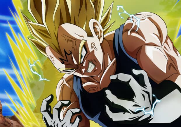 Majin Vegeta clenches his fists as lightning crackles around him, HD Desktop Wallpaper
