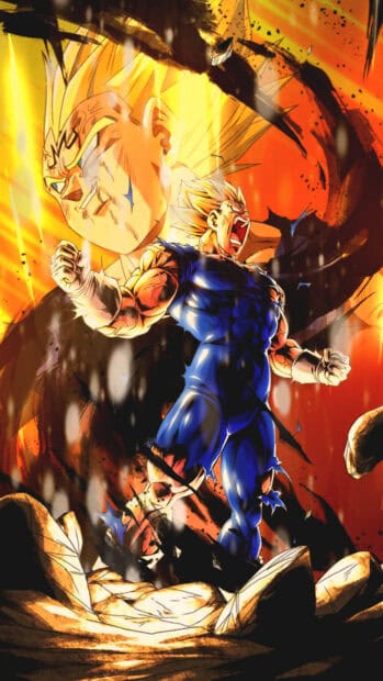Majin Vegeta power up with intense energy and shattered ground, 4K Mobile Wallpaper