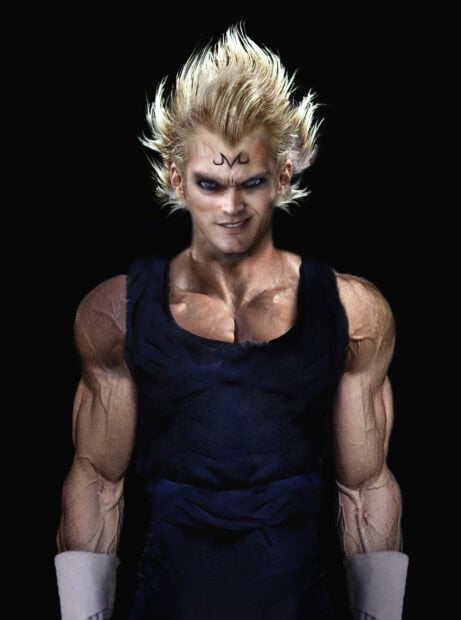 Majin Vegeta displays intense determination with glowing eyes and spiked hair, 2K Mobile Wallpaper