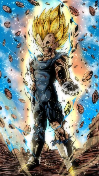 Majin Vegeta is standing fiercely with glowing energy and floating rocks all around, HD Mobile Wallpaper